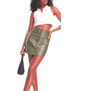 Lulu's Most Fab Olive Green Vegan Leather Faux Button Front Mini Skirt Size S Wo